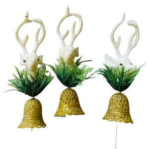 Vintage 70s Deer and bell Christmas Picks Ornaments